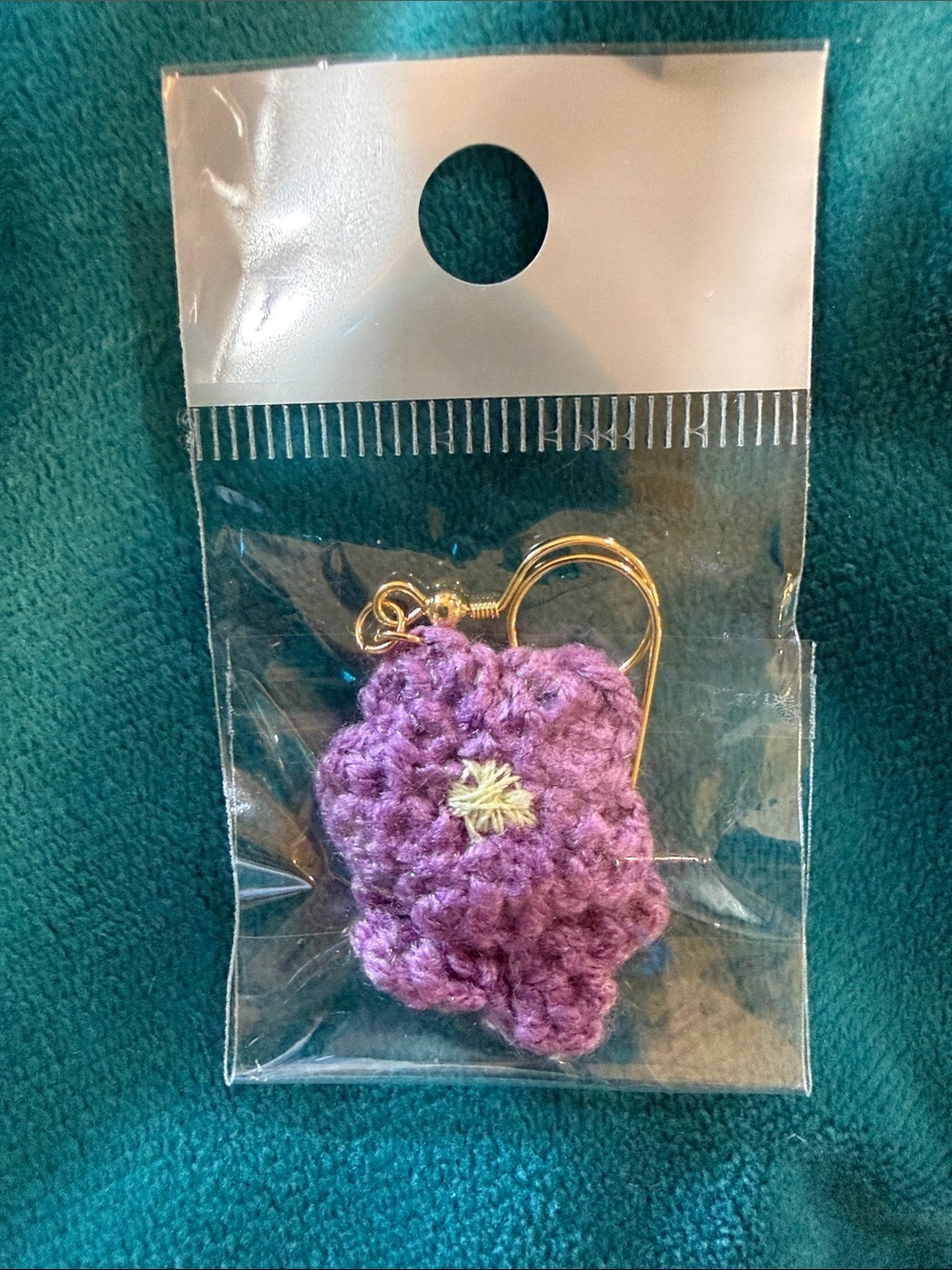 Gold-Tone Hook Earrings with Purple Crochet Flower
